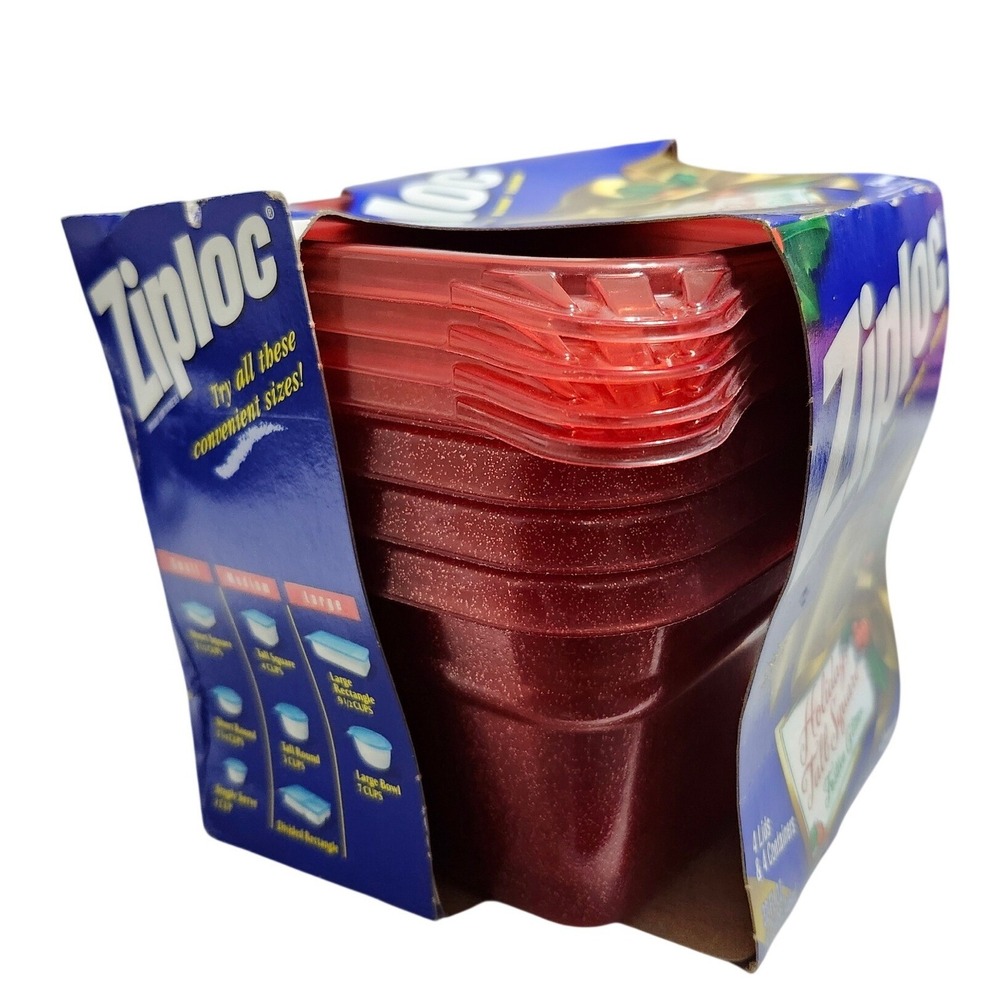 Vintage 2001 Ziploc Holiday Tall Square Festive Glitter Red Containers 4ct 32oz